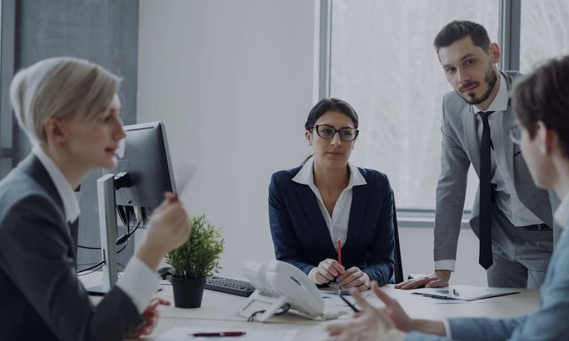 A diverse team collaborating in a modern office